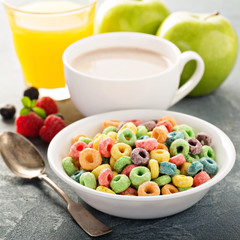 Fruit colorful sweet cereals with juice and cocoa