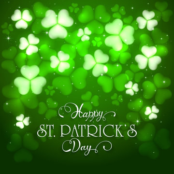Patrick day green background with clovers and holiday lettering
