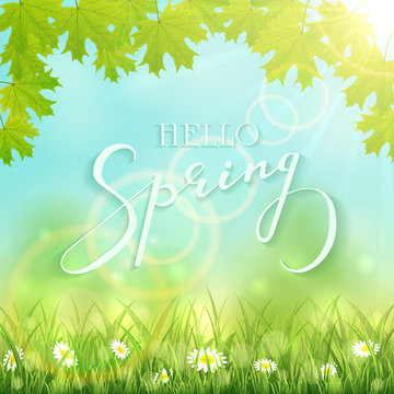 Lettering Hello Spring on nature background with leaves