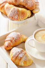 Homemade sweet croissants stuffed with cheese on white table.