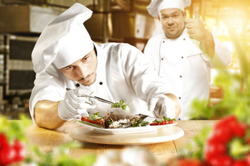 cook chef and food in kitchen 