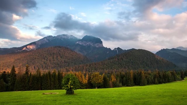 Sunset landscape in mountain, Tatras, Slovakia - Time lapse