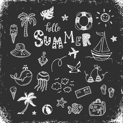 Hand drawn summer vacation doodles set on a blackboard.