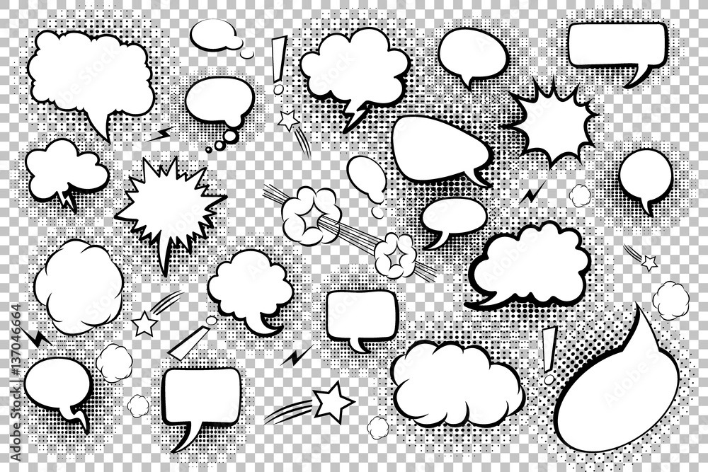 Poster blank speech bubbles. set of comic speech bubbles and elements with halftone shadows. vector illustr