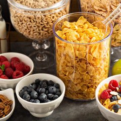 Cereal bar or buffet wih cornflakes, fruit and nuts
