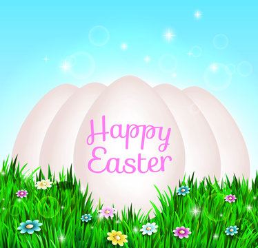 Easter background with eggs in grass and flowers. Vector illustr