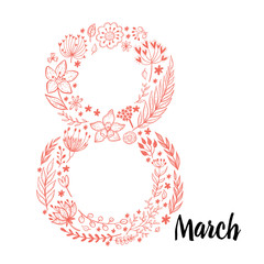 Women's day design card template with hand drawn flowers in a shape of eight.