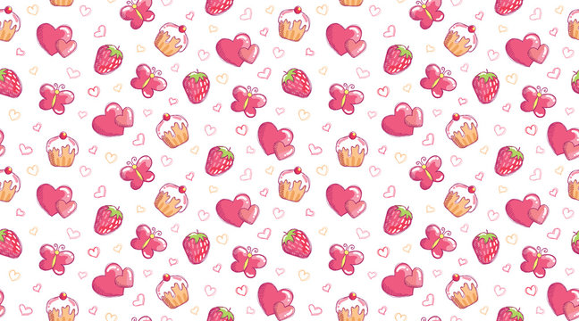 romantic seamless pattern with cupcake, butterfly, heart and strawberry