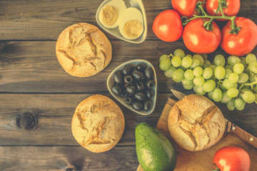 Healthy breakfast ingredients, vegetarian food, fruits and vegetables, flat lay from above