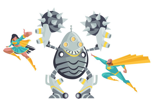 superhero african woman and man fighting an evil robot