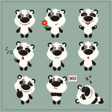 Funny little panda bear set in different poses. Collection isolated panda bear in cartoon style.