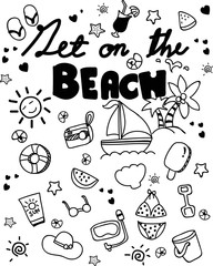 Icon set summer beach holidays, travel, vacation. Hand drawn doodle.