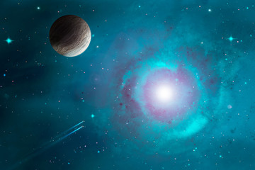 Fototapeta na wymiar Space scene. Blue and violet nebula with stone planet. Elements furnished by NASA