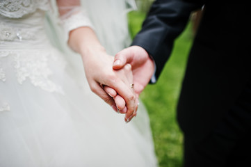 Close up hand in hand of wedding couple.