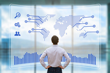Worldwide business concept, person analyzing HUD, world map