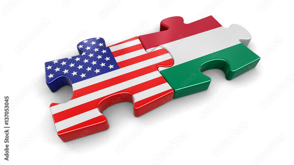 Poster usa and hungary puzzle from flags. image with clipping path