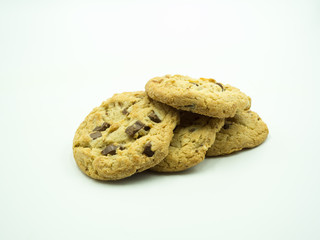 Chocolate chip cookies on white background