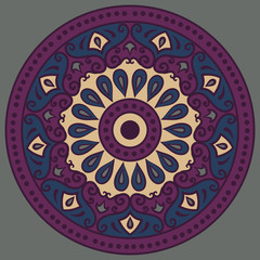Drawing of a floral mandala in maroon, blue and beige colors on a gray background. Hand drawn tribal  vector stock illustration