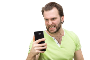 man with a phone on a white background