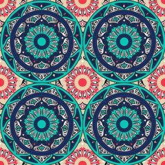 Colorful floral seamless patchwork pattern with mandala in boho chic style, in portuguese and moroccan motif
