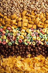 Variety of cold cereals overhead