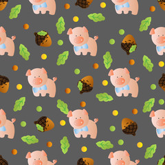 seamless pattern with toy baby pig and green leaves on a dark gray background