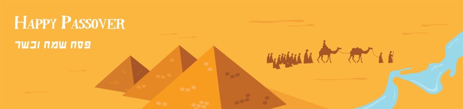 happy Passover in Hebrew, Jewish holiday banner template. Group of People with Camels Caravan Riding in Realistic Wide Desert Sands in Middle East. Vector Illustration