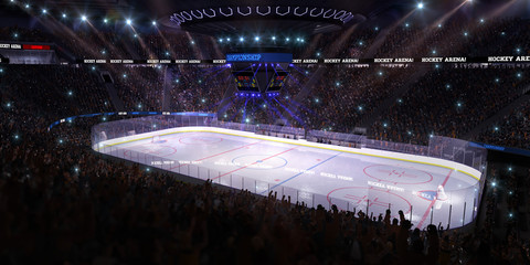 Sport hockey stadium 3d render whith people fans and light