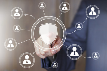 Businessman pressing button shield virus security network web