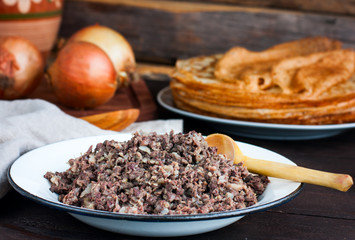 Stuffing for the pancakes of offal, light, horizontal