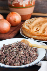Stuffing for the pancakes of offal, selective focus
