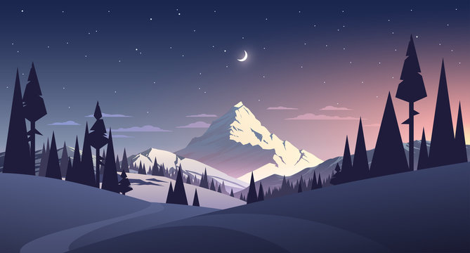 Night Landscape With Mountain And Moon