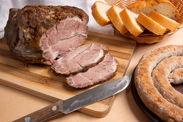 Roasted traditional homemade sausage with spices and herbs. Bake
