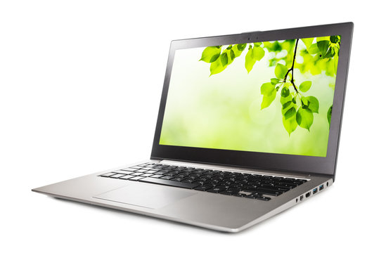 Modern laptop computer with green leaves wallpaper, isolated on