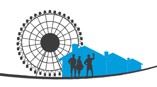 ferris wheel, people, blue houses, black and white clip art preview
