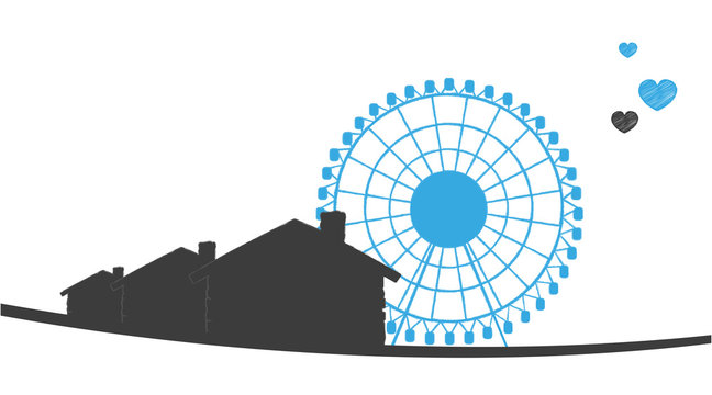 ferris wheel, houses, hearts, blue, black, white clip art preview