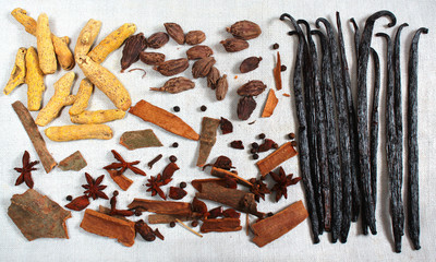 Collection of spices on white cloth