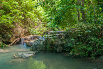 Waterfall in the jungle at Erawan waterfall national park in Kanchanaburi, Thailand