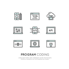 Vector Icon Style Illustration Card Logo Set of Program Coding App for Mobile and Web, SEO, Optimization, IT Development Process, Simple Isolated Symbols for Web and Mobile App