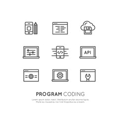 Vector Icon Style Illustration Card Logo Set of Program Coding App for Mobile and Web, SEO, Optimization, IT Development Process, Simple Isolated Symbols for Web and Mobile App