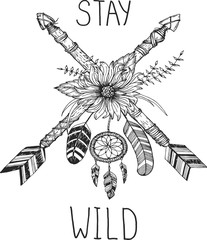 Tribal arrow in ethnical pattern with feathers and wild flowers