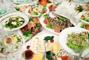 Tasty dishes at wedding banquet table