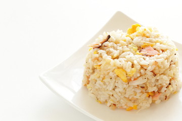 Chinese food, salmon and egg fried rice