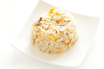 Chinese food, salmon and egg fried rice