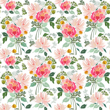 Seamless pattern with abstract flowers in bouquets and foliage. © Tetiana