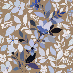  Seamless pattern with blossoming branch in a gray, dark blue, pastel tones on a light background of coffee.