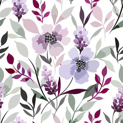 Seamless pattern with abstract meadow with flowers, leaves in gray, purple and pink shades on a white background.