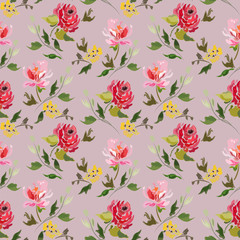 Seamless pattern with abstract summer flowers and branches with leaves on a purple background.