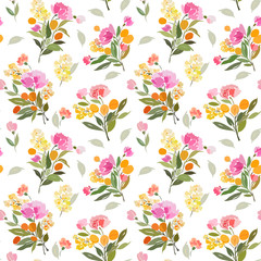 Seamless pattern with bouquets of flowers and an orange on a branch.