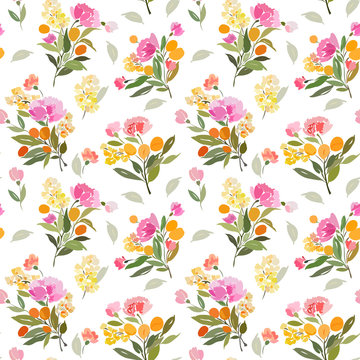 Seamless pattern with bouquets of flowers and an orange on a branch. © Tetiana